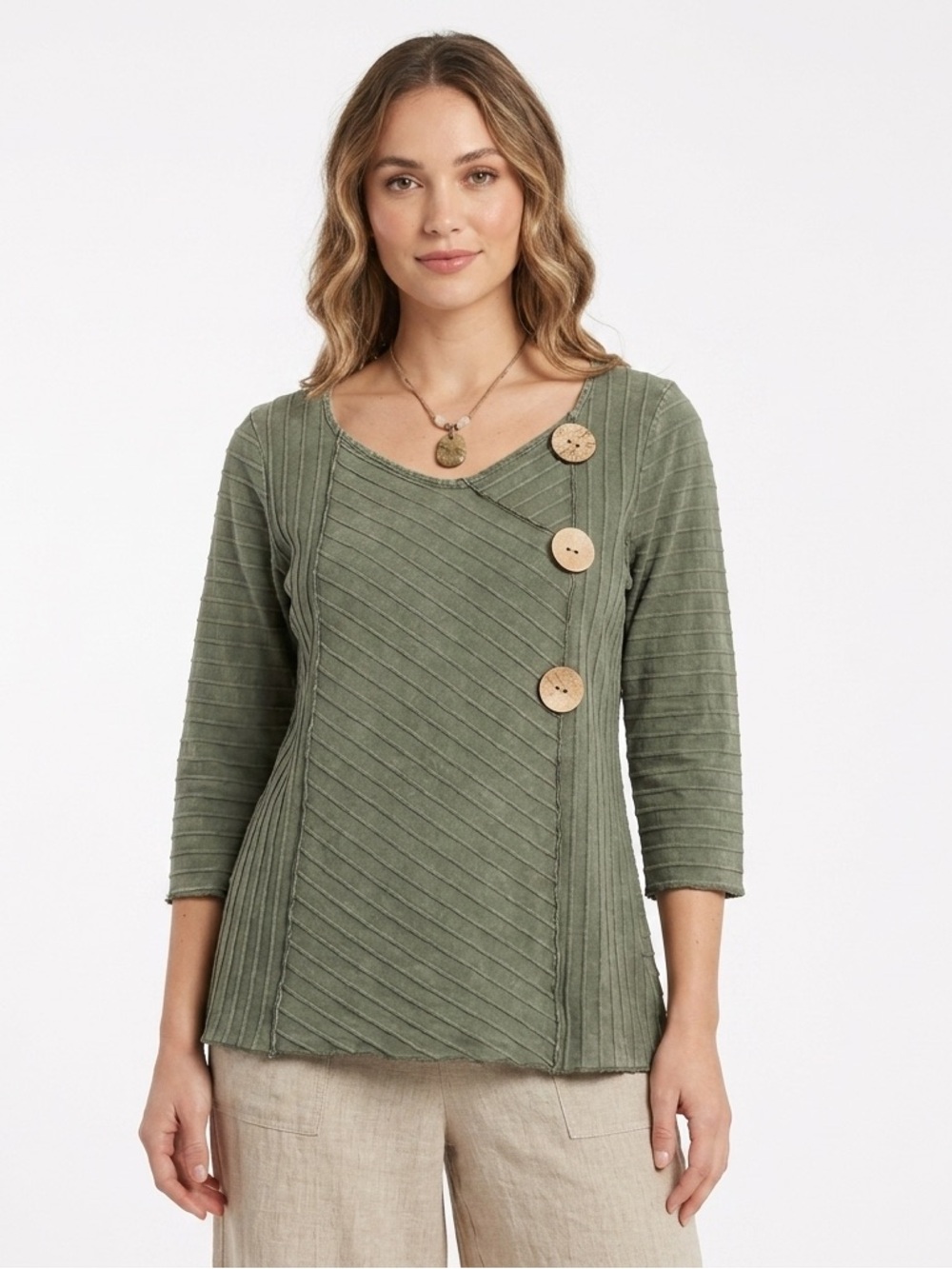 FENINI VTG Olive Green Ribbed 100% Cotton Top L Lagenlook Whimsigoth